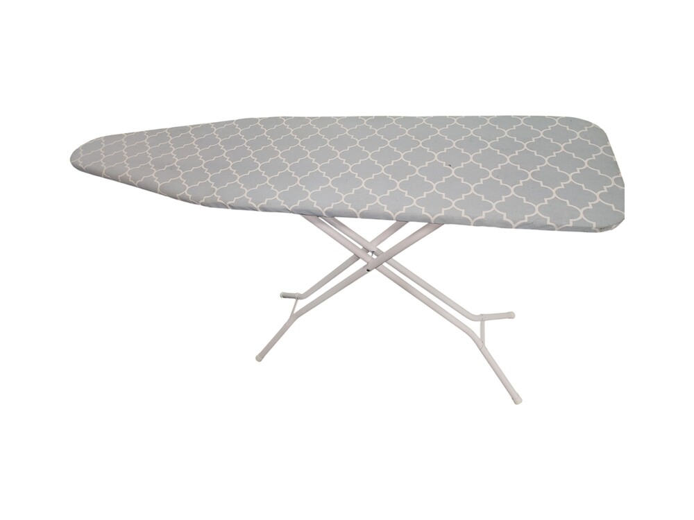 Foldable Ironing Board White Metal Frame Gray Cover Geometric Pattern